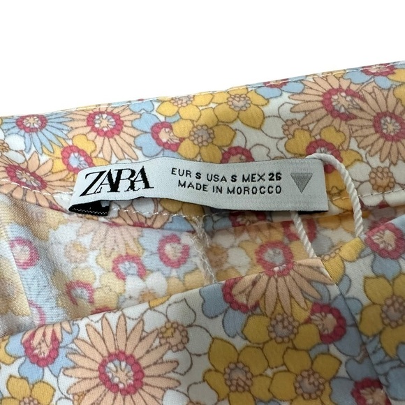 Zara Womens Floral Satin Pants Size Small Pink Blue Side Zip Flared Retro - Picture 5 of 5